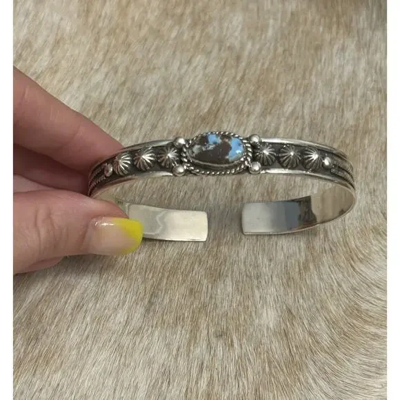 Native American SW Sterling Silver & Golden Hills Turquoise Dome Cuff Bracelet